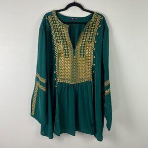 Roamans Boho Embroidered Tunic Top Womens 36W Green V Neck Long Sleeve